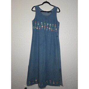 Vtg Agapo Denim Jumper Dress Size S Embroidered Flowers Teacher Countrycore Maxi